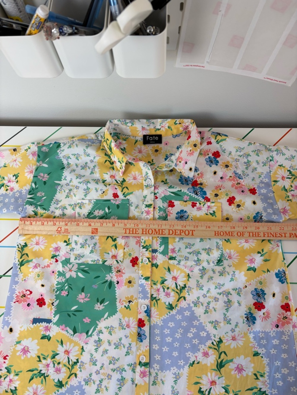 Fate Yellow Green Blue Floral Patchwork Button-Up Shirt Size Small - Picture 5 of 8
